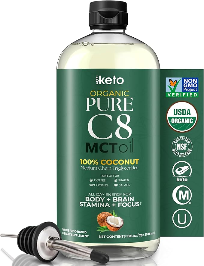 Keppi Keto Organic MCT Oil - Flavorless C8 Non-GMO Certified Gluten-Free Palm Oil Free Vegan Kosher Halal 32 oz Coconut Oil
