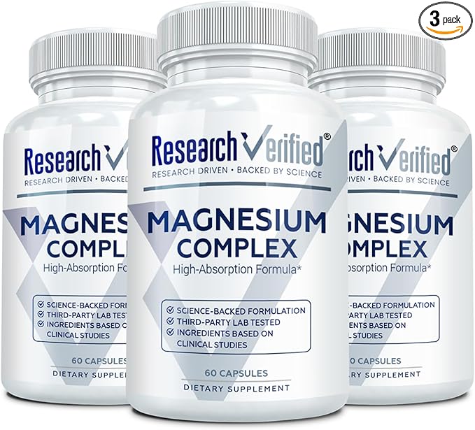 Research Verified Magnesium Complex - Brain Muscle and Nerve Support - Magnesium Bisglycinate Malate Citrate and Oxide - Bioperine - Vegan - 60 Capsules - Pack of 3