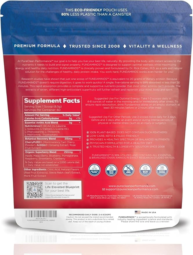 FundAminos Organic EAA Powder Blend | Plant-Based Essential Aminos for Everyday Vitality Healthy Aging &amp Balanced Nutrition | Gluten Free Non-GMO Clean Label – 2 Bags (60 Servings)