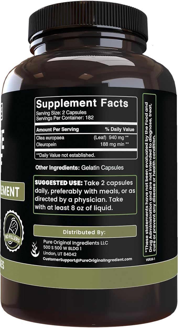 Pure Original Ingredients Olive Leaf (365 Capsules) No Magnesium Or Rice Fillers Always Pure Lab Verified