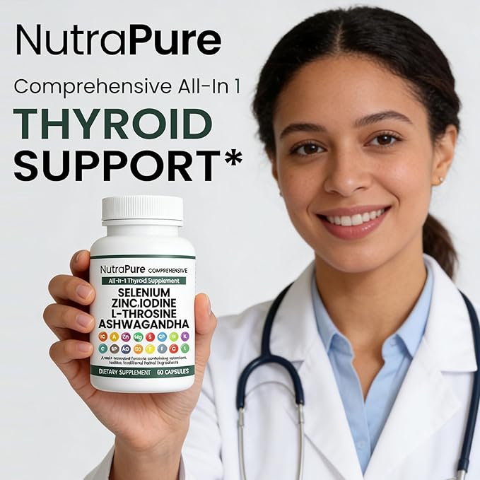 Thyroid Support - Thyroid Support for Women &amp Men | Selenium Iodine L Tyrosine Ashwagandha Bladderwrack Turmeric Kelp Schisandra Zinc - 60 Capsules (2 Bottles)