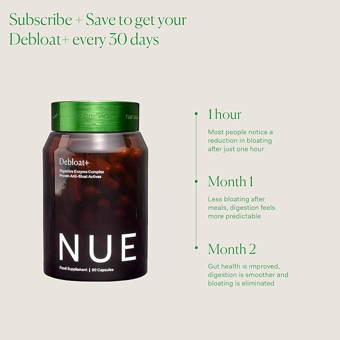 The Nue Co. Debloat+ Supplement - Vegan &amp Gluten Free Digestive Supplement for Bloating Gas &amp Abdominal Discomfort - Debloat Pills for Gut Health &amp Immunity | 60 Capsules