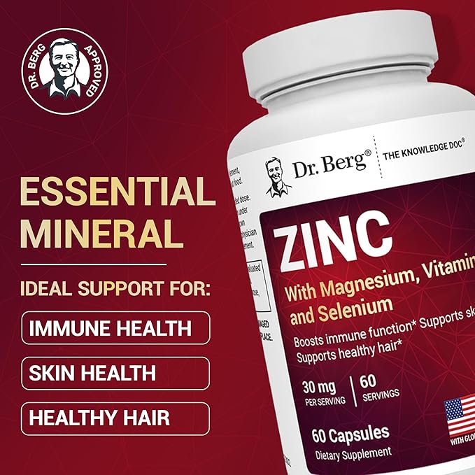 Dr. Berg Zinc 30mg Enhanced with Magnesium Vitamin D3 Selenium &amp Copper - Zinc Supplements for Men &amp Women - Chelated Zinc for Immune Skin Hair &amp Nails Support* - 60 Capsules