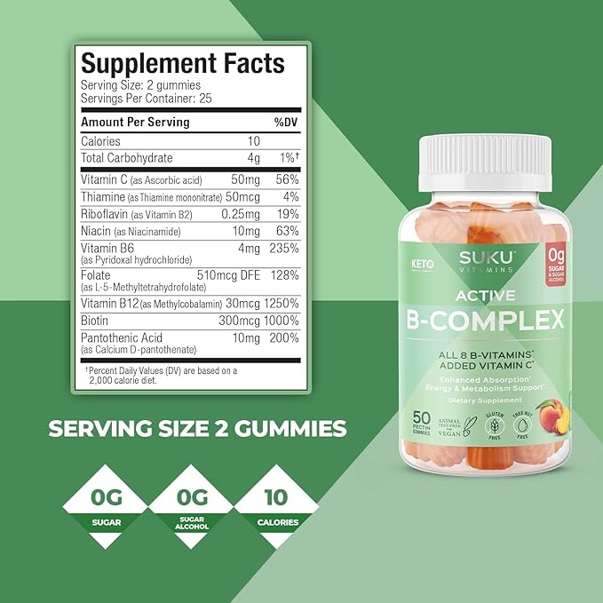 SUKU Vitamin B Complex Gummies with Vitamin C – Sugar Free Vegan 8 B Vitamins Complex Gummy Supplement Increases Cell Development Improves Metabolism &amp Collagen Formation Peach Flavour (50 Gummi
