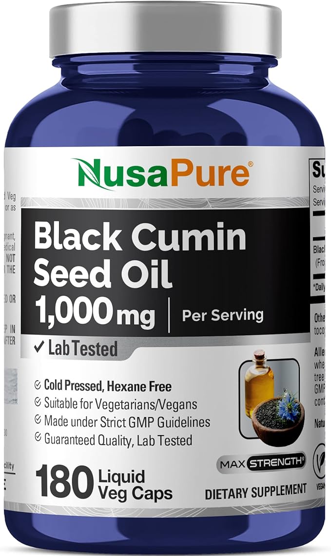 NusaPure Black Seed Oil 1000 mg per Serving 180 Softgel Capsules (Non-GMO Vegetarian &amp Vegan) Cold-Pressed Virgin Nigella Sativa. Hexane Free