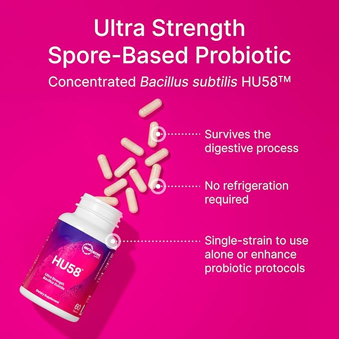 Microbiome Labs HU58 Bacillus Subtilis Probiotics for Women and Men - High Potency Spore Probiotic for Digestive Health &amp Immune Support - Daily Capsules with 10 Billion CFU (60 Capsules)