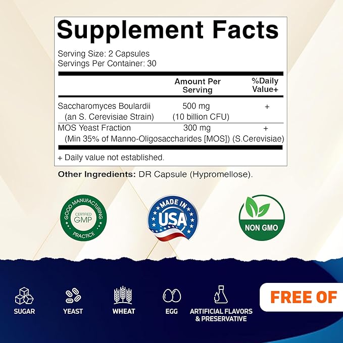 Vitamatic Saccharomyces Boulardii Probiotic 10B per Serving + Yeast Extract (MOS Yeast Fraction) 300 mg - 60 DR Capsules - Made in The USA-2 Pack