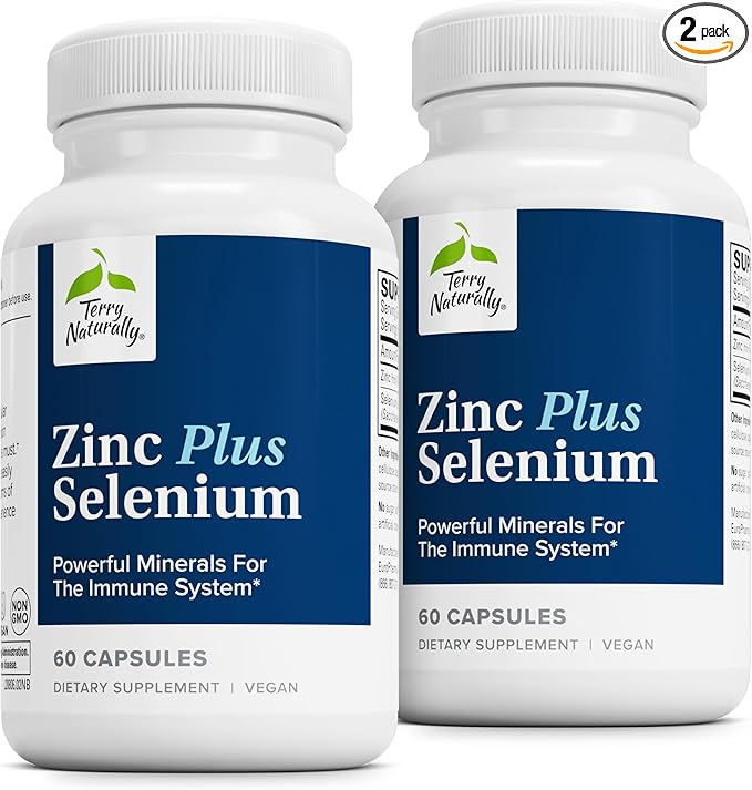 Terry Naturally Zinc Plus Selenium -Immune &amp Respiratory Health Supplement -Mineral Supplement with Zinc Bisglycinate Chelate -Formula with Selenium for Cellular Health Support - 60 Capsules (2-Pa
