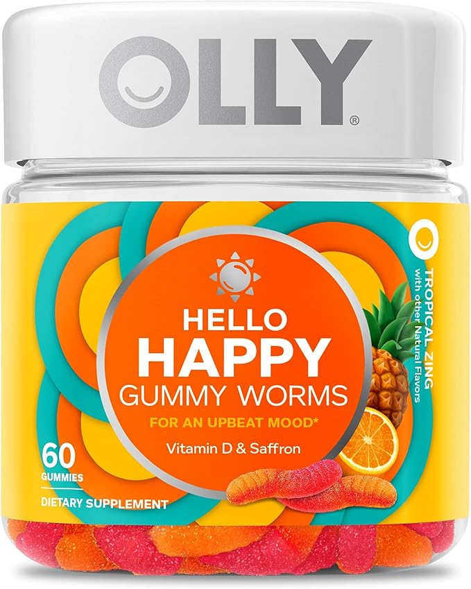 OLLY Fiber Gummy Rings 5g Prebiotic Fiber FOS (Fructo-oligosaccharides) Digestive Support &amp Hello Happy Gummy Worms Mood Balance Support Vitamin D Saffron Adult Chewable Supplement