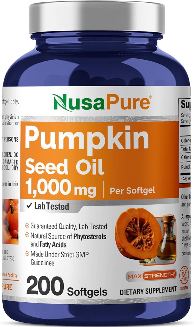 NusaPure Pumpkin Seed Oil 1000mg 200 Softgel Capsules (Non-GMO Soyfree) Naturally Occurring Phytosterols