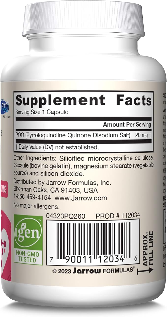 Jarrow Formulas® PQQ 20 mg Dietary Supplement Heart Brain and Metabolism Support 60 Veggie Capsules 60 Day Supply