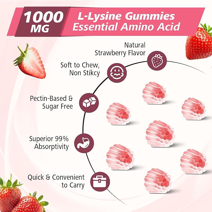 2 Pack L-Lysine Gummies 1000mg Lysine Gummies Supplement for Adults &amp Kids Essential Amino Acid with L-Arginine L-Glutamine for Lip &amp Skin Immune Calcium Absorption Strawberry Flavor 12