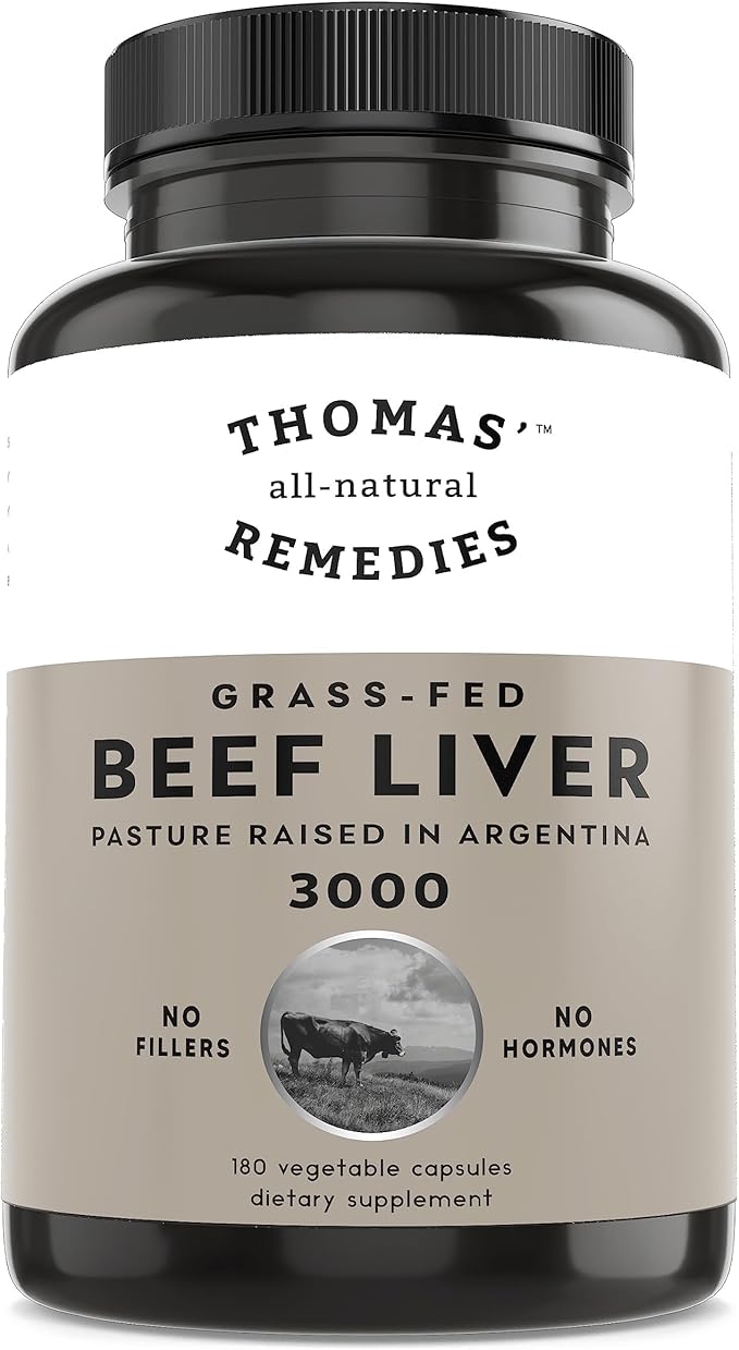 Thomas' all-natural Remedies Grassfed Beef Liver Supplement 3000mg Liver Support Supplement Pasture Raised in Argentina Non-GMO &amp Hormone Free (180 Caps)