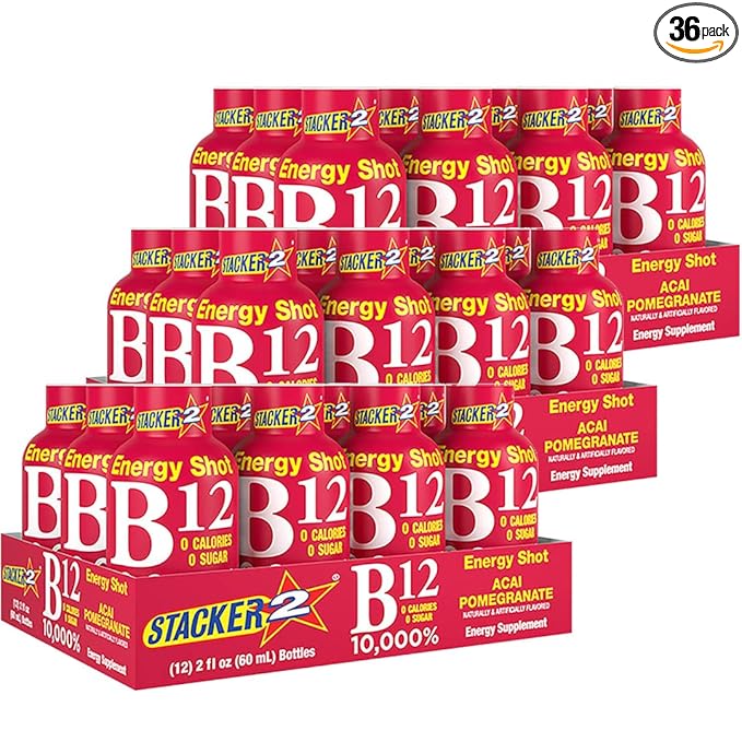 Stacker 2 Vitamin B Complex B12 B6 B3 Liquid Energy Shots - Acai &amp Pomegranate - Cyanocobalamin 10000% DRV - B-6 Pyridoxine 40mg - B3 Niacinamide (Niacin) 20mg - BASED BOX Bundle (2oz Pack of 3