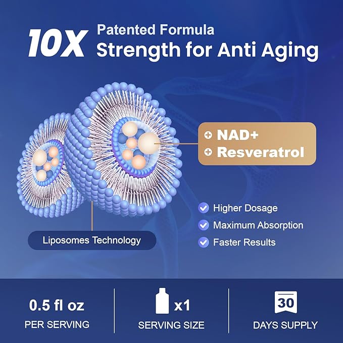 Liposomal NAD+ Supplement with Resveratrol Anti-Aging Energy Boost &amp Cellular Health Support 15.2 fl. oz NAD Liquid for Men &amp Women (30 Pouch)