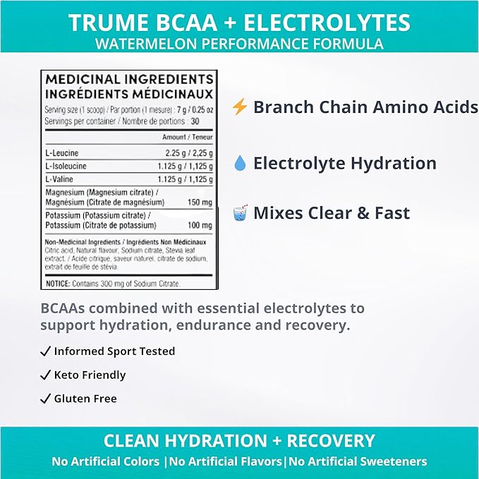 BCAA Powder with Electrolytes – Informed Sport Certified 2:1:1 Ratio (2.25g Leucine) Clean Amino Recovery No Sugar No Artificial Colors Watermelon