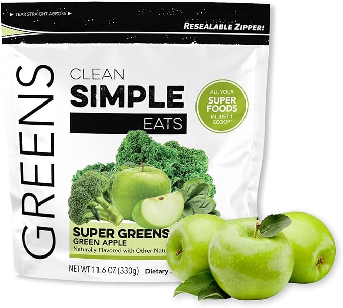 Clean Simple Eats Super Greens Powder Naturally Flavored Greens Powder with Chlorella Spirulina Superfoods &amp Prebiotic Fiber No Artificial Ingredients Gluten Free Green Apple Flavor 30 Serv