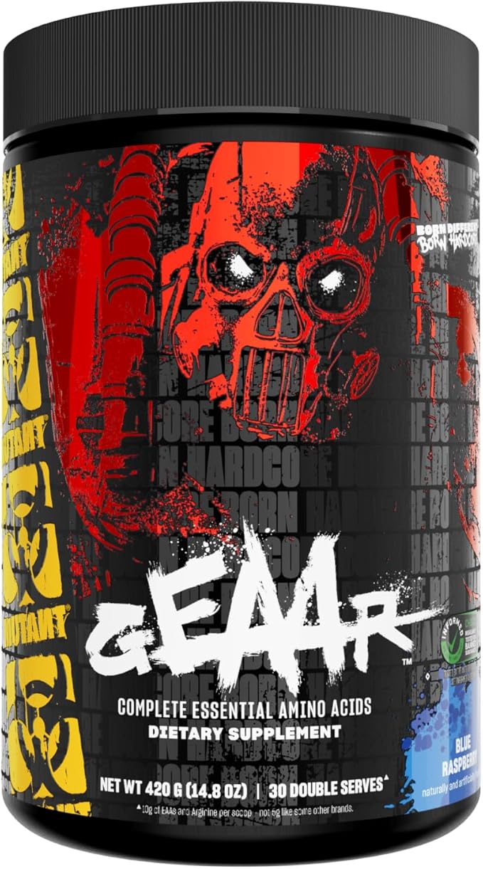 Mutant GEAAR - 9.4g of EAA Powder + Arginine 7g BCAAs 4g Leucine Electrolytes Coconut Water 30 Servings - Blue Raspberry