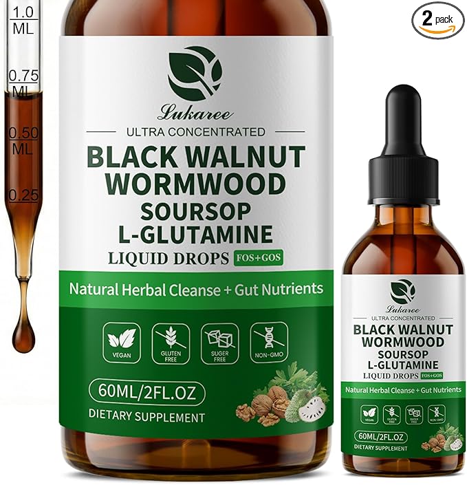 Lukaree (2 Pack) Wormwood Black Walnut Soursop Cleanse for Humans – with L-Glutamine Prebiotics &amp Zinc for Gut Health &amp Digestive Comfort – Mood Immune &amp Energy Support – Vegan Gluten-Fre
