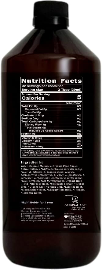Original Biome Liquid Probiotic Supplement | Certified Organic Tri-Biotic with Prebiotics Probiotics &amp Postbiotics | 10 Probiotic Strains + 10 Fermented Herbs | Slow Fermented | 32 fl oz