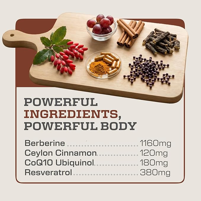 Earth Elixir 4-in-1 Berberine Supplement – Organic Berberine with Ceylon Cinnamon CoQ10 Ubiquinol and Resveratrol Powder – Metabolic &amp Cellular Energy Support 180 Vegan Capsules