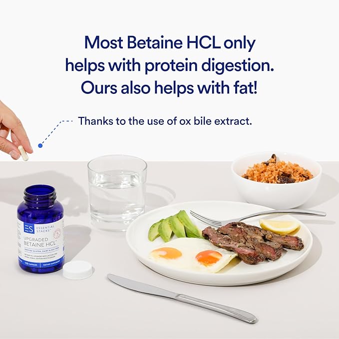 Essential Stacks Betaine HCL with Pepsin Ox Bile Organic Gentian &amp Ginger - Betaine Hydrochloride Supplement w Digestive Enzymes Bile &amp Bitters - Gluten Dairy &amp Soy Free (120 Capsules)