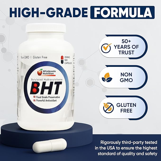 Wholesale Nutrition BHT - 250mg Potent Antioxidant - Non-GMO Gluten-Free - Enhance Oil/Fat Preservation - Pure Butylated Hydroxytoluene for Foods/Oils - 500 Capsules