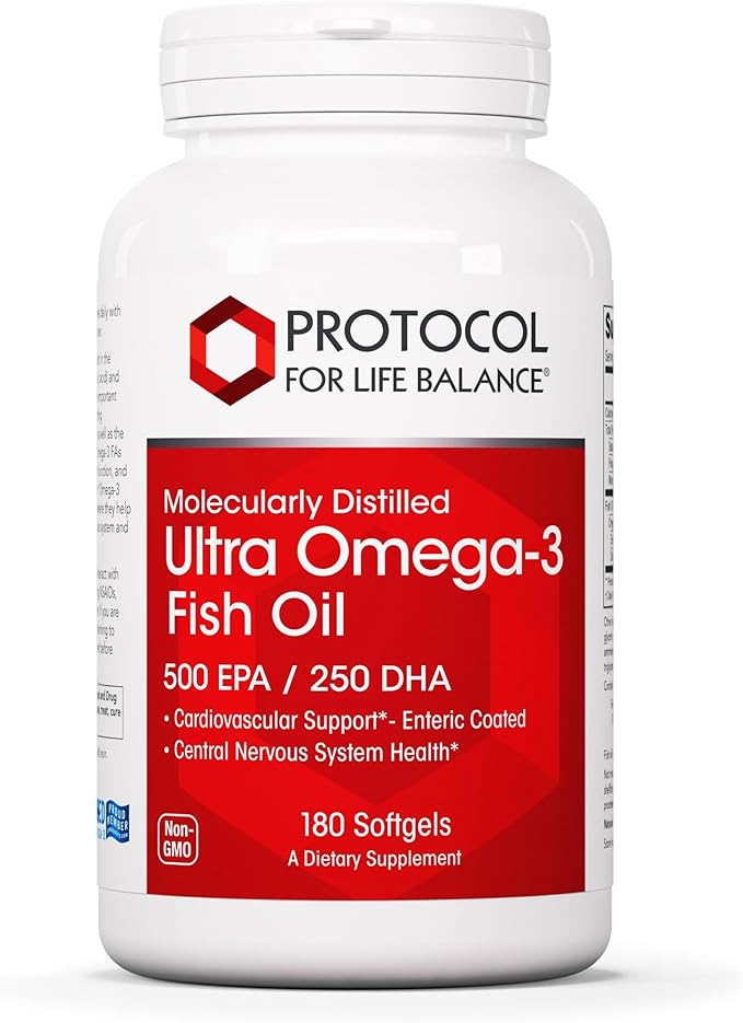 PROTOCOL FOR LIFE BALANCE Ultra Omega-3-500mg EPA &amp 250mg DHA - Fish Oil for Brain Support Heart &amp Nervous System Health* - EPA DHA Omega Supplement - Non-GMO &amp Halal - 180 Softgels