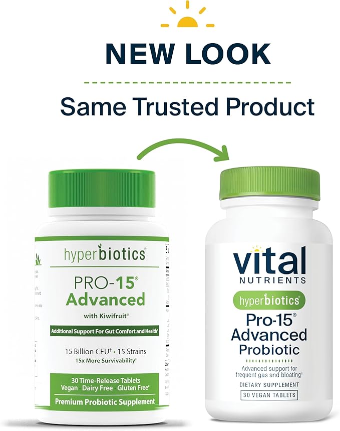 Hyperbiotics Vital Nutrients Pro-15 Advanced Probiotics for Women and Men | 15 Strains + Kiwifruit | Clinically Studied Daily Probiotics for Digestive Health Gas &amp Bloating | 30 Vegan Tablets