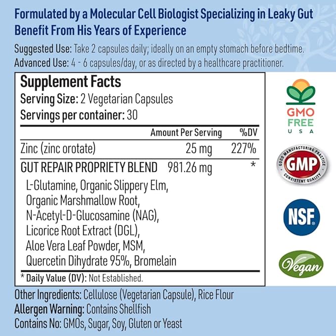 Leaky Gut Repair Natural Gut Health Supplement Glutamine Organic Slippery Elm NAG Marshmallow Root Aloe Vera MSM Quercetin Bromelain Promotes Digestive Ease Gut Wellness 1000mg 60 Caps