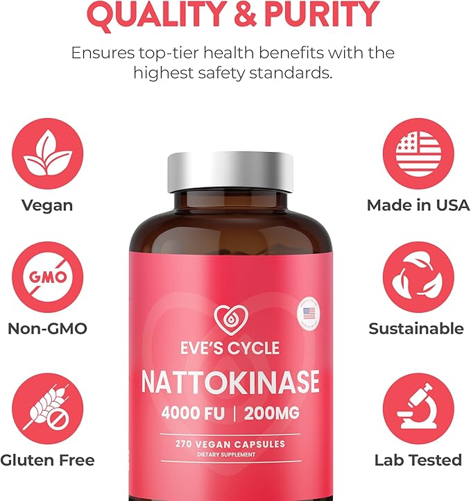 Eve's Cycle Nattokinase Supplement 4000 FU - 270 Vegan Natto Capsules - Premium Japanese Enzyme Natural Blood Thinner Organic No Stearates Non-GMO Made in USA