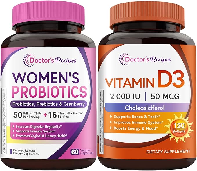 Doctor's Recipes Women’s Probiotic &amp D3 2000IU Bundle Digestive Vaginal &amp Urinary Health Immune Health Energy &amp Mood Support Delayed Release Probiotic Capsules 60ct &amp D3 Softgels