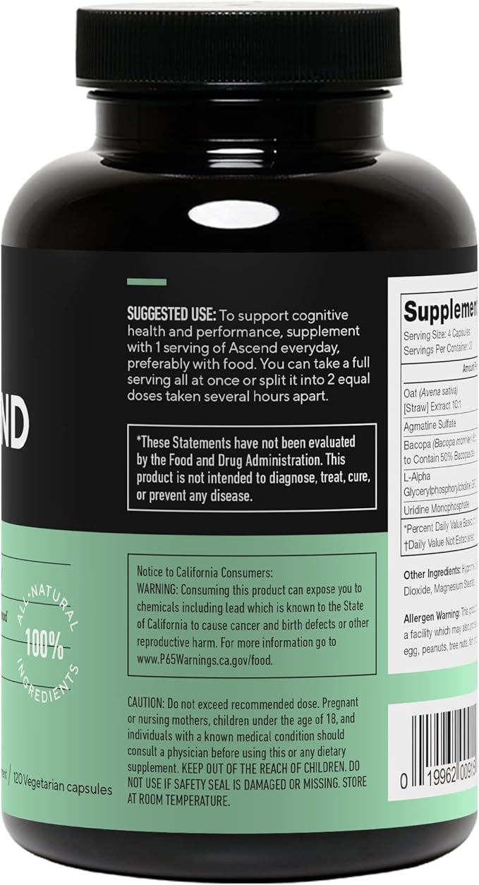 LEGION Athletics Ascend Nootropic - All-Natural Brain Supplements for Memory and Focus - Nootropics Brain Support Supplement with Alpha-GPC - Brain Supplement for Alertness &amp Mood Support 30 Serv