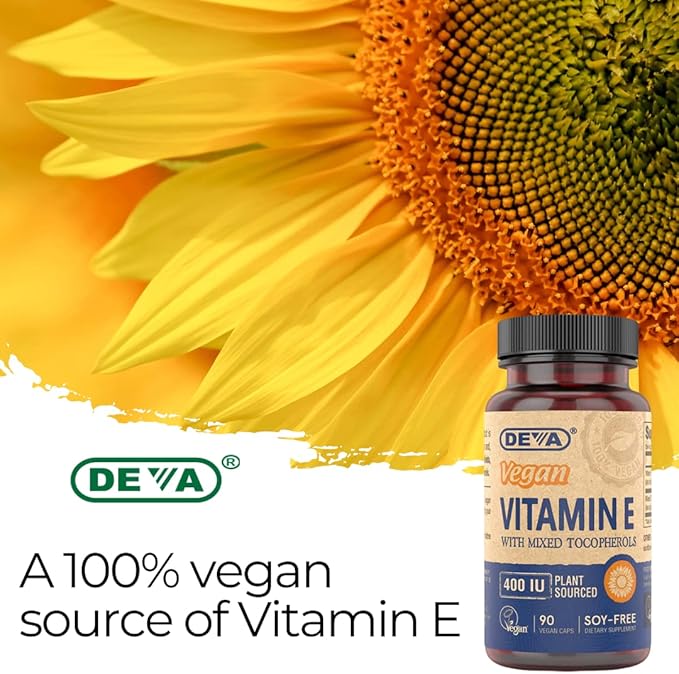 DEVA Vegan Vitamins Natural Vitamin E 400IU with Mixed Tocopherols Supports Immune System &amp Skin Nutrition Natural Antioxidant &amp Gluten Free Dairy Free Non-GMO 90 Capsules