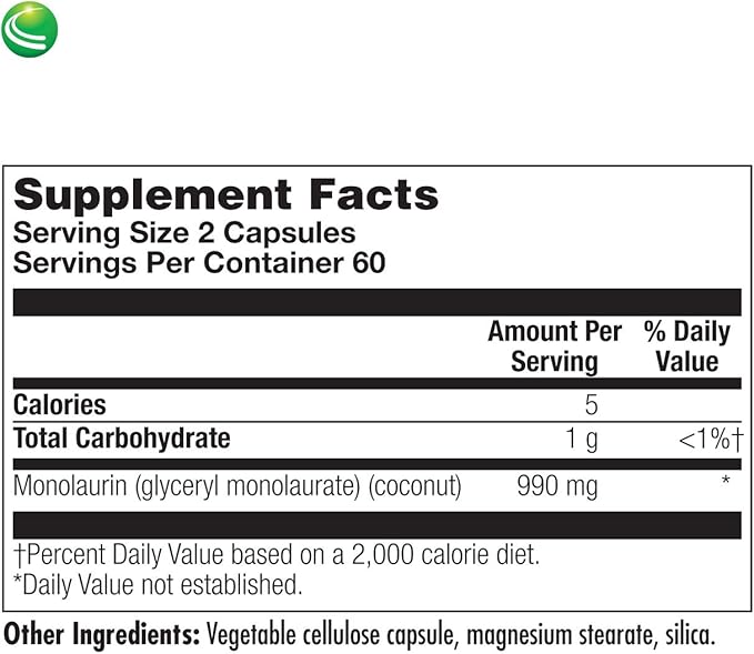 Nutra Biogenesis Monolaurin - Monolaurin Capsules Coconut Monolaurin Support Supplement for Men &amp Women 1000mg Per Serving for Adults - 120 Vegan Capsules