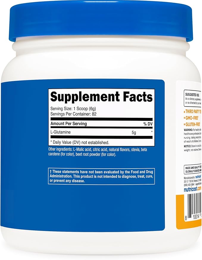 Nutricost L-Glutamine Powder Sweetened with Stevia (500 Grams Peach Mango) - Supplement for Gut Support 5 Grams of L-Glutamine Per Serving - Gluten Free Non-GMO