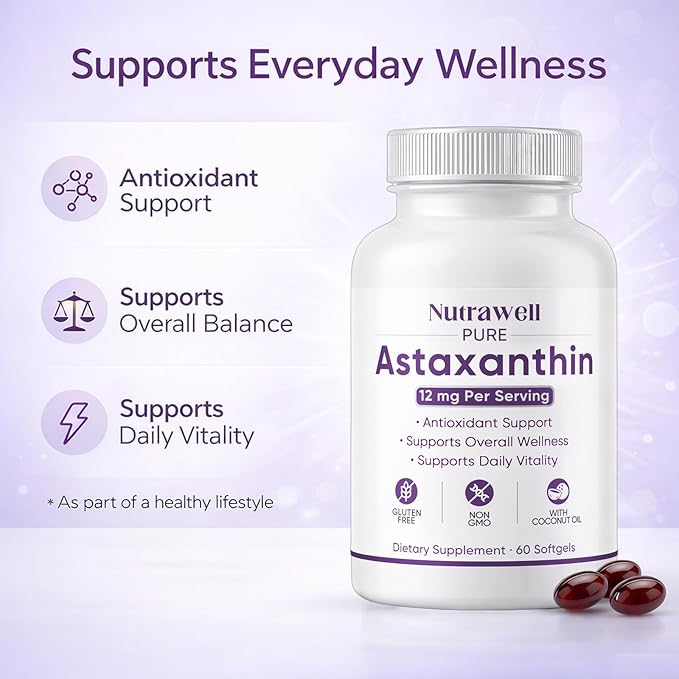 NutraWell Astaxanthin 12mg with Coconut Oil Antioxidant Support Supplement Non-GMO Gluten Free 60 Softgels