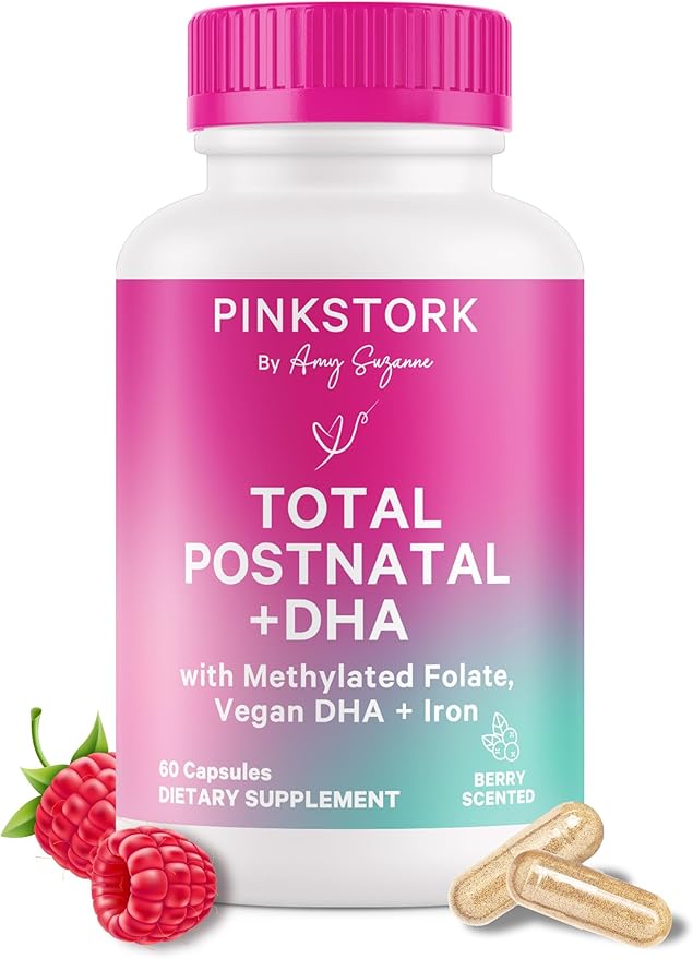 Pink Stork Total Postnatal Vitamins for Women | Vegan DHA Iron Folate B12 | Postpartum Recovery Essentials | Lactation Support for Breastfeeding Moms | Third-Party Tested - 60 Capsules Berry