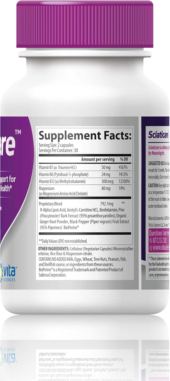 Vita Sciences Sciaticare Nerve Soothing Supplement Vitamins with Natural R-ALA Form 40X Strength NOT Synthetic Alpha Lipoic Acid (ALA) - Lower Lumbar Sciatic Hip Thigh Leg Foot