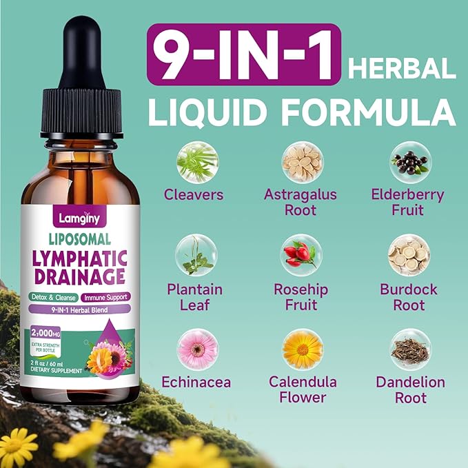 L-lysine 1000mg Supplement Liposomal Lysine Liquid Drops for Adults Liposomal Lymphatic Drainage Drops 9-in-1 Lymphatic Drainage Supplements for Detox &amp Cleanse