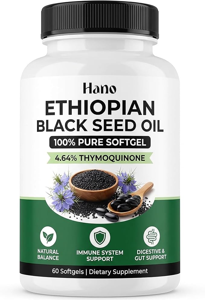 Hano Ethiopian Black Seed Oil Capsules with Cold Pressed Nigella Sativa Seed Oil 4.64% Thymoquinone Plant Based Botanical Supplement Non GMO 60 Softgels (1)