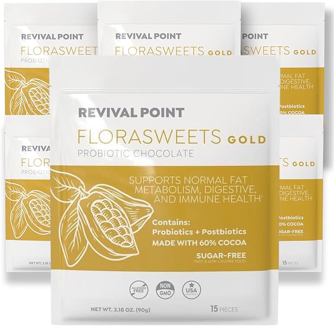 Florasweets Gold Chocolate Bites with Probiotic + Postbiotic Stains DE111 &amp BPL1 - Indivally Wrapped - Supports Digestive &amp Gut Health Bacillus subtilis (6)