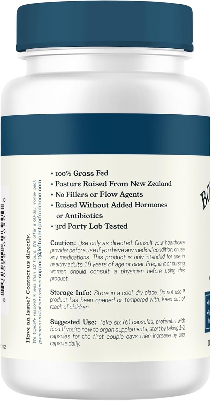 Left Coast Performance Grass Fed Beef Kidney Supplement –100% Grass Fed Freeze Dried Non-GMO New Zealand Pasture Raised Beef Organ Supplement - DAO Enzyme and Histamine Support– 180 Capsules