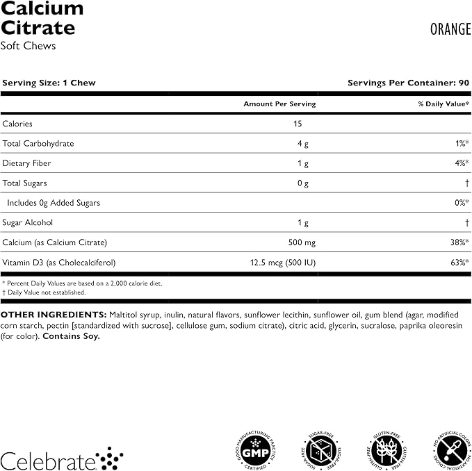 Celebrate Vitamins Bariatric 500mg Calcium Citrate Soft Chews with 500 IU Vitamin D3 – Essential for Gastric Bypass Patients &amp Bone Health - Sugar &amp Gluten Free Orange (90 Chews)