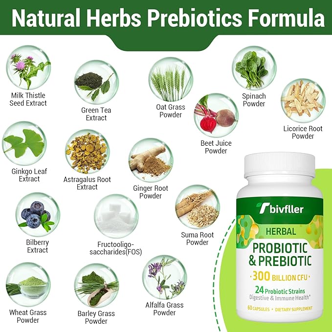 Probiotics for Women Men- 300 Billion CFU 24 Strains Probiotic+15 Organic Herbs Prebiotics Blend Pre and Probiotics for Digestive Health Immune &amp Gut Diarrhea Bloating Vegan 4 Month Supply