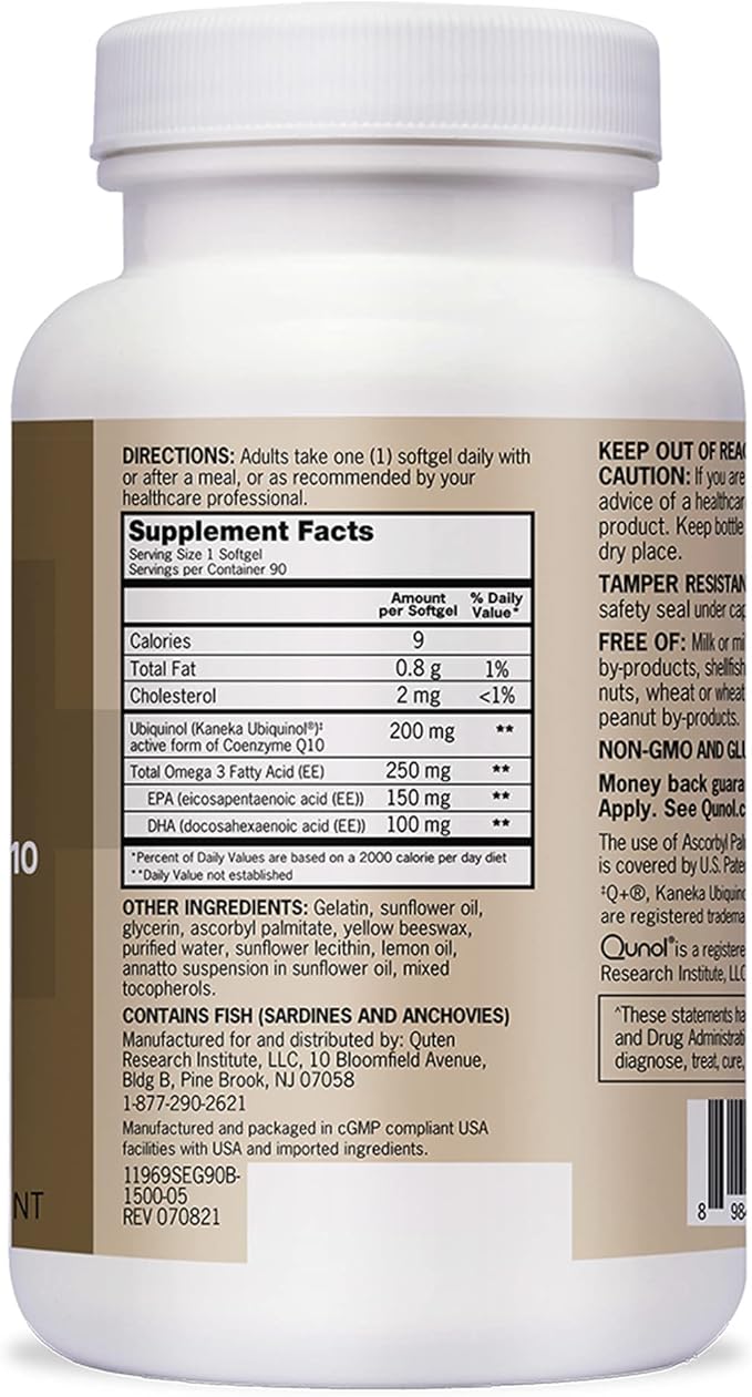 Qunol Plus Ubiquinol Coq10 200mg with Omega 3 250mg Extra Strength Antioxidant (Bovine Version) 90 Count