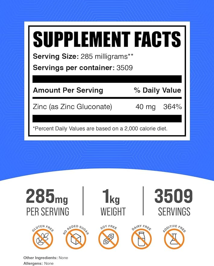 BulkSupplements.com Zinc Gluconate Powder - Zinc 40mg Mineral Supplement for Immune Support - Gluten Free 285mg per Serving 1kg (2.2 lbs) (Pack of 1)