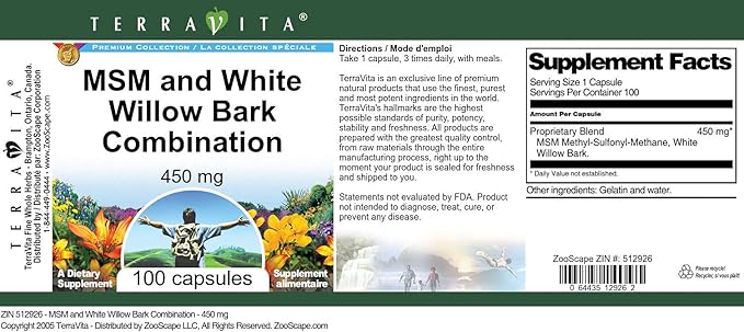 MSM and White Willow Bark Combination - 450 mg (100 Capsules ZIN: 512926)