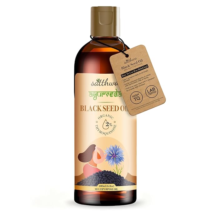 Satthwa Organic Black Seed Oil – Edible High TQ - Lab Tested Cold Pressed Nigella Sativa – For Hair Growth Immunity &amp Skin – 6.8 fl oz