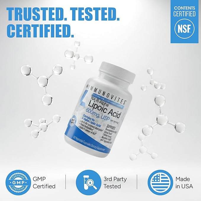 IMMUNOVITES Stabilized R-Alpha Lipoic Acid ((True)) 600mg per Serving [[High Potency &amp up to 40x Increased Absorption]] (Na R-ALA) (Na R-LA) (Na R-Lipoate) (1 Bottle)